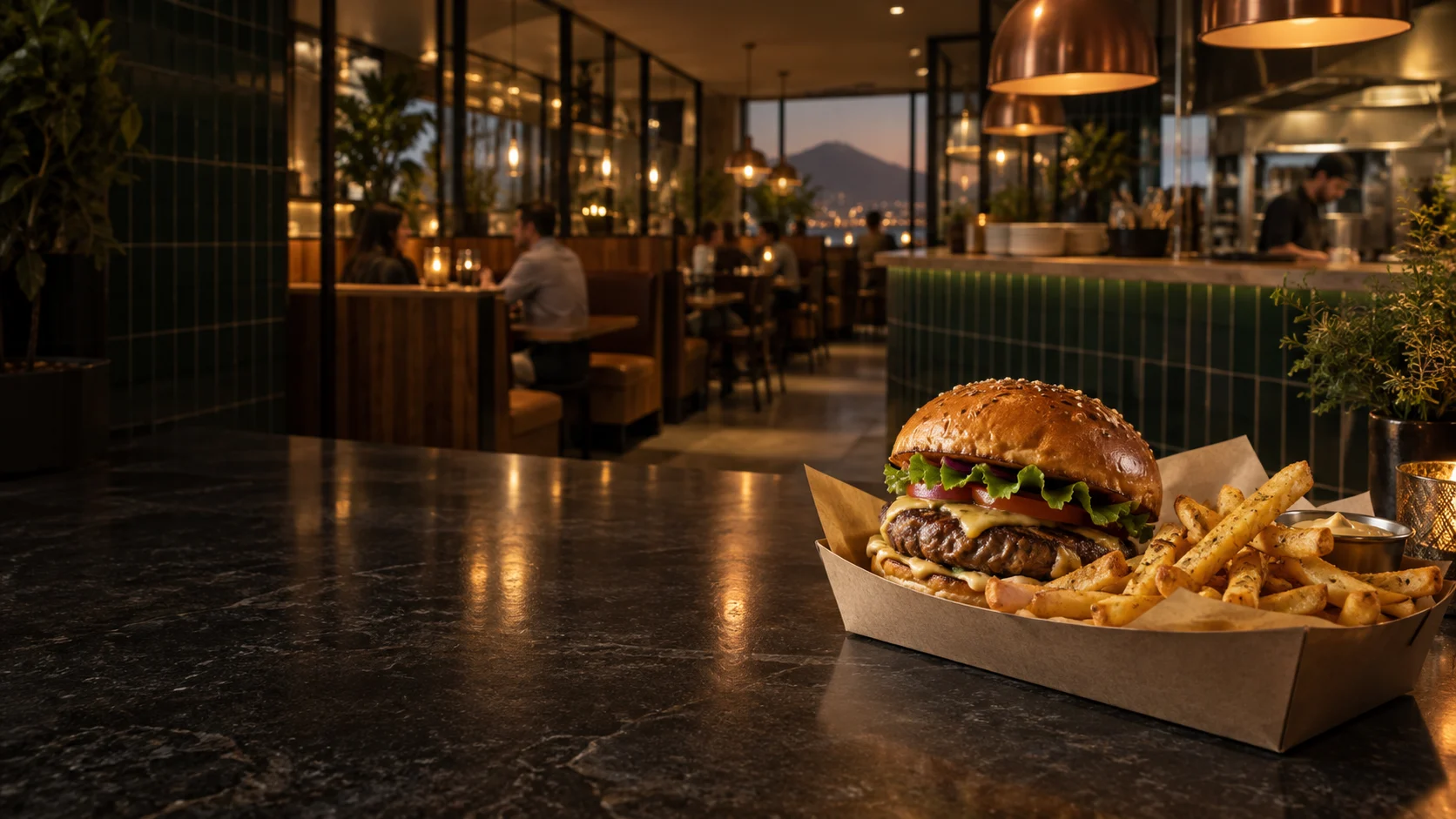 Local gastronómico conceptual con cocina abierta y detalles de cobre